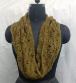 Handmade olive infinity scarf with open-knit design displayed on a mannequin.