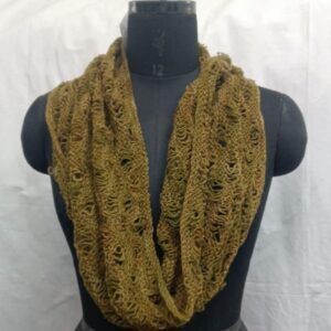 Handmade olive infinity scarf with open-knit design displayed on a mannequin.